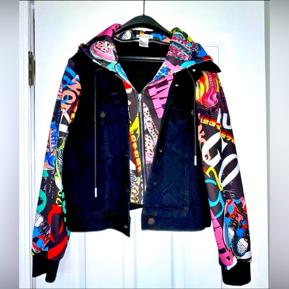 OOLALA Jackets & Blazers - OO LALA Colorful Graphic Sleeve Hoodie Jacket Sz.L – Black Denim Front